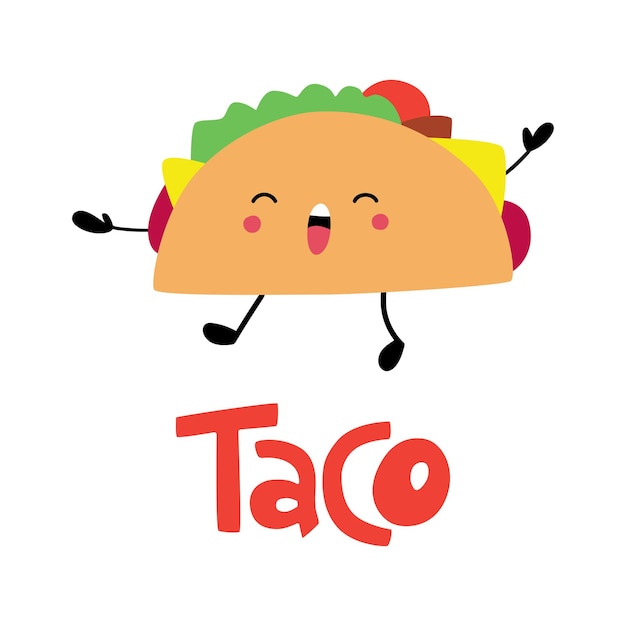 벡터 패스트 푸드 타코 아이콘 귀여운 행복한 재미있는 타코 멕시코 요리 배너 전단지 스티커에 사용할 수 있습니다.
