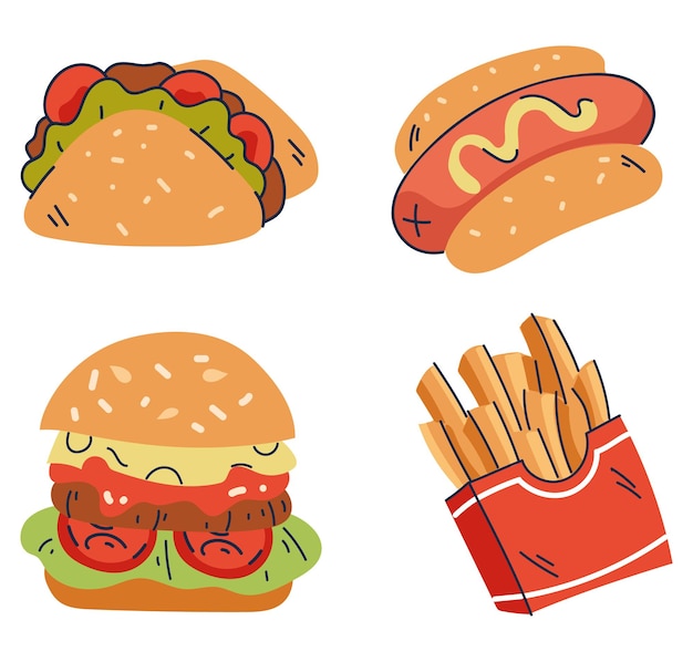 Fast food tacos hamburger hot dog patatine fritte elemento di design isolato piatto set collection