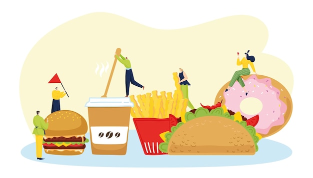 Carattere di persone minuscole fast food insieme mangiano spazzatura cibo hamburger patatine fritte ciambelle e tacos illustrazione vettoriale piatto isolato su bianco