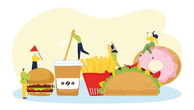 fast food tiny people character together eat trash foodstuff burger french fries donuts and tacos flat vector illustration isolated on white