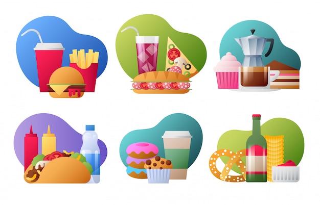 Fast food trendy flat colorful badges set.