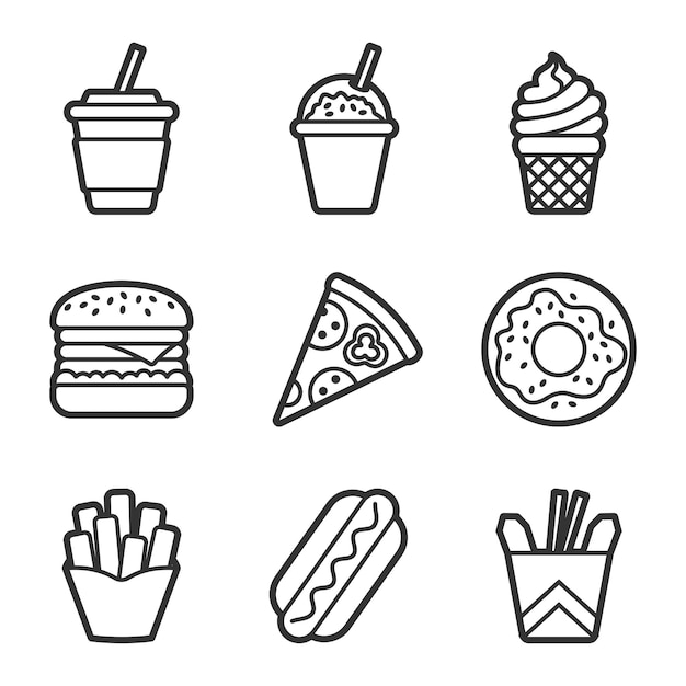Fast food vector contour icon set