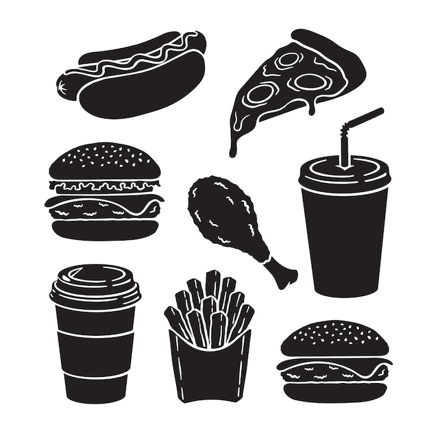 Fast food vector Icons silhouettes set  hamburger cheeseburger hot dog slice of pizza