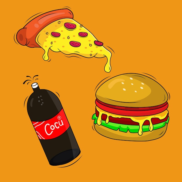 Vettore illustrazione vettoriale di fast food. illustrazione di pizza e hamburger con formaggio fuso e soda.
