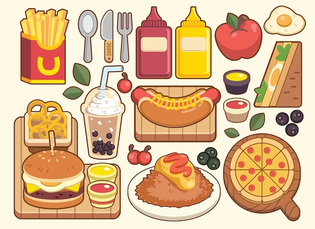 Vettore set di illustrazioni vettoriali di fast food