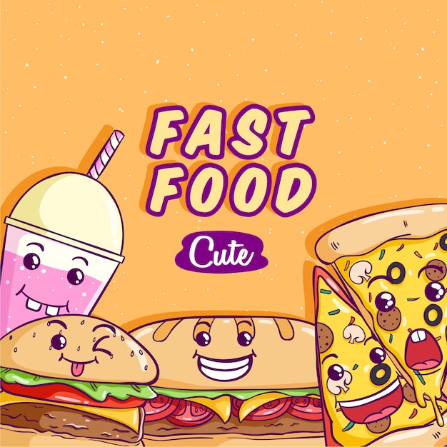 Fast food vector with cute or kawaii face on orange