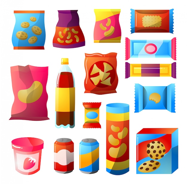 Vector fast food, vending products packages design set.   illustration in the flat cartoon style.