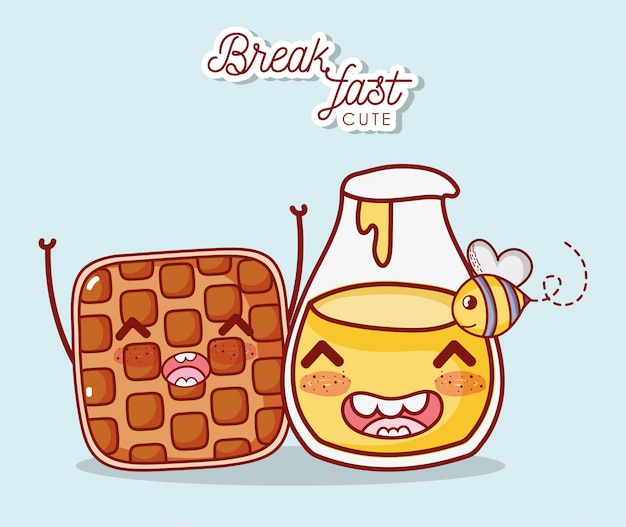 Fast food waffle and honey bottle bee cartoon character