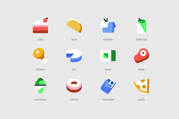 Fast food of web icons set in flat design Pack of cake taco noodles soda can chicken pie sushi