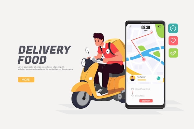 Fast and free delivery by scooter Perfect for landing page Delivery man and smartphone tracking