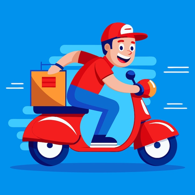 fast and happy motor courier with blue background