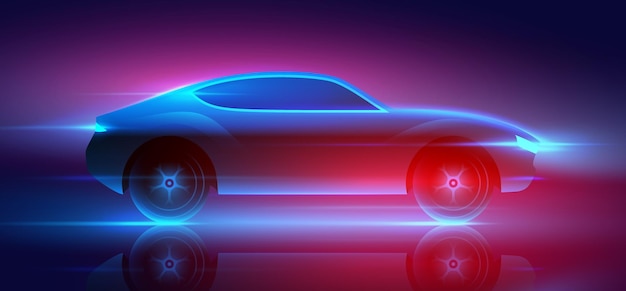 Fast moving car with blue and red glowing neon lights running at high speed vector illustration