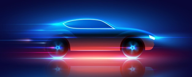 Fast moving car with blue and red glowing neon lights running at high speed vector illustration