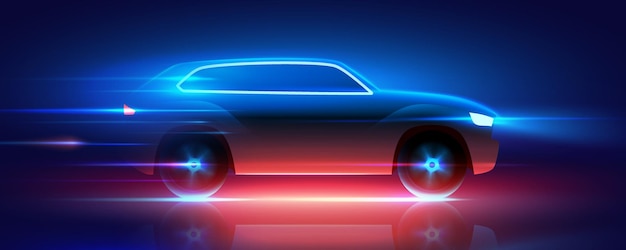 Vector fast moving suv car with blue and red glowing neon lights rushing at high speed vector illustration