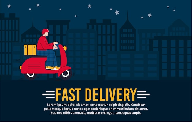 Vector fast night delivery service banner with courier man riding a scooter