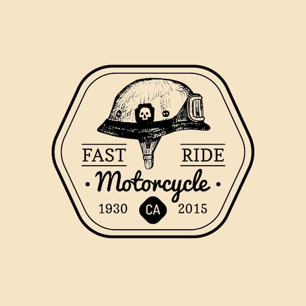 Vector fast ride biker store logo motorcycle club sign garage label vector illustration of hand drawn vintage helmet with glasses