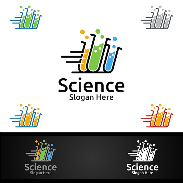 Logo fast science and research lab per microbiologia, biotecnologia, chimica o concetto di progetto di istruzione