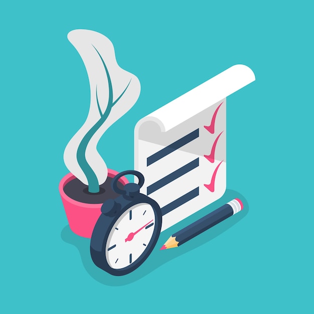 fast service isometric icon. stopwatch with checklist and completed tasks. vector illustration flat 3d design. isolated on background.