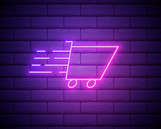 Fast Shopping Cart Neon Sign Vector Illustratie van Shop Promotion Shop cart pictogram geïsoleerd op bakstenen muur achtergrond