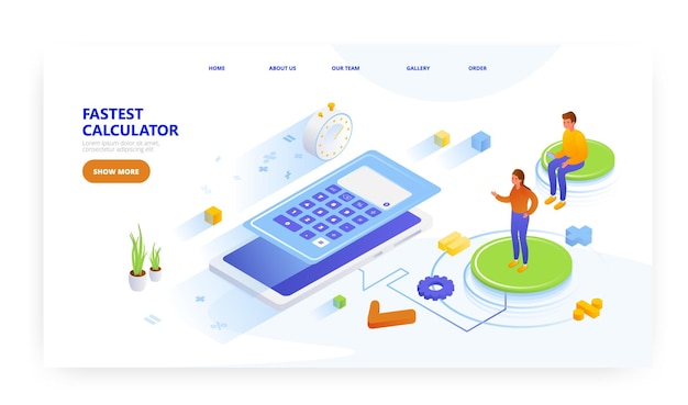 Fastest calculator landing page design website banner vector template people using math calculator m