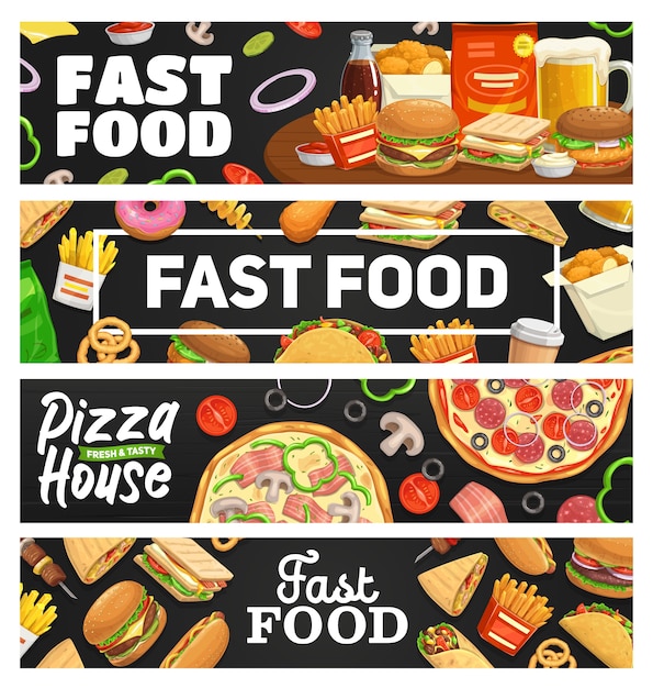 Vector fastfood, banners voor afhaalmaaltijden, hamburger, hotdog, pizza en sandwich, frisdrank, patat en taco's. afhaalmaaltijden fastfood bistrosnacks, junkfood cheeseburger, hamburger, nuggets café-menu