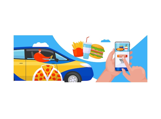 Fastfood bezorgservice mannelijke hand houd smartphone online bestelling levensmiddel levering maaltijd platte vector