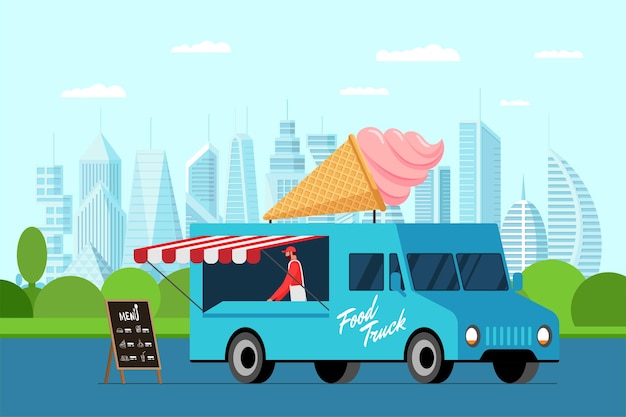 Fastfood blauwe vrachtwagen met kok buiten in stadspark. roomijs in wafelkegel op van dak. plombir bestelwagenservice. kermis op straat met horeca wielen. vector reclame illustratie