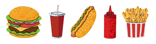 Fastfood cartoon iconen set eenvoudige platte stijl straat hoge calorie voedsel illustratie