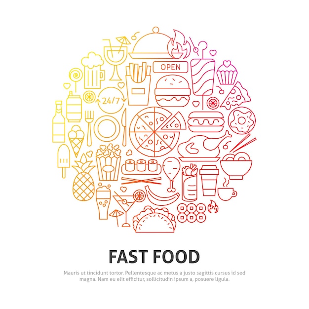 Fastfood cirkel concept. Vectorillustratie van schetsontwerp.