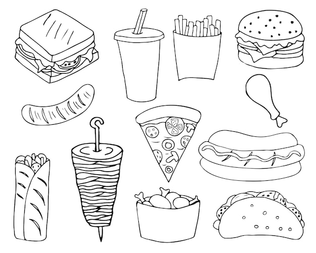 Fastfood doodle pictogrammen instellen. Hand getekende fastfood illustraties in vector.