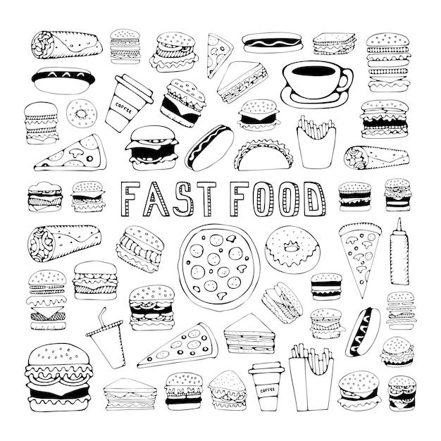 Vector fastfood doodle set elementen van fastfood op het krijtbord n in schets stijl