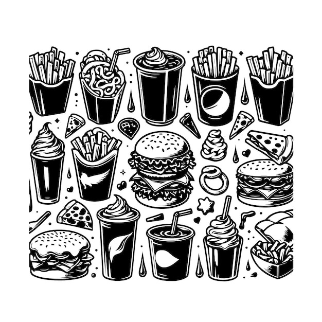 Fastfood doodle set geïsoleerde silhouet vector