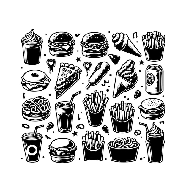 Fastfood doodle set geïsoleerde silhouet vector