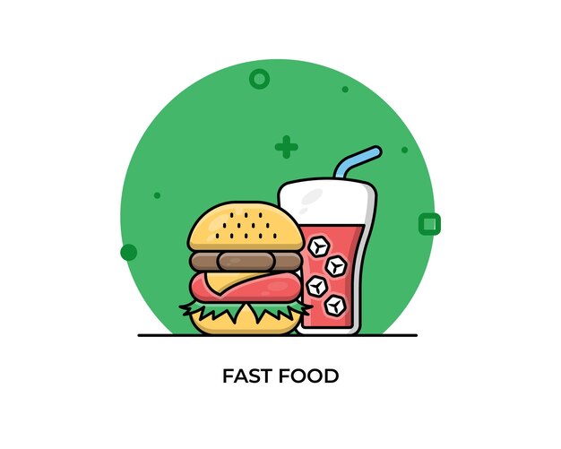 fastfood en hamburger en sap cartoon vector pictogram illustratie. voedsel object icoon geïsoleerd