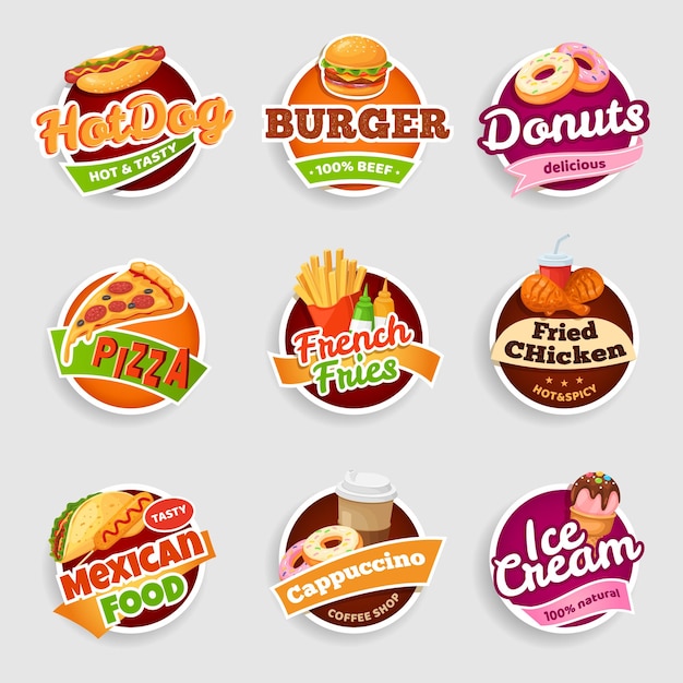 Fastfood etiketten friet hamburger pizza kip donuts ijs hotdog en koffie stickers