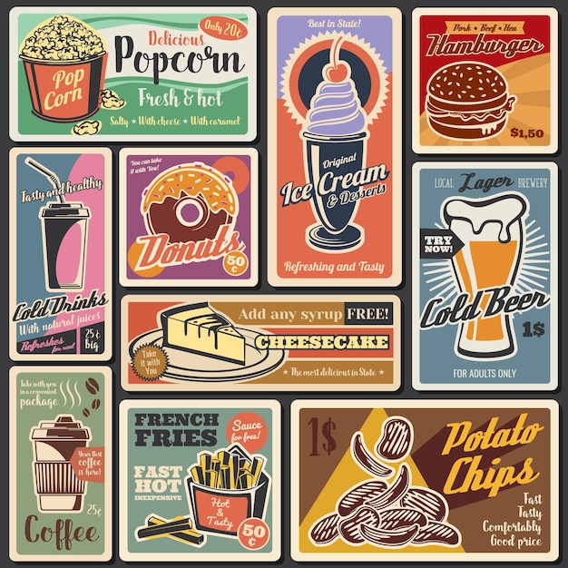 Fastfood hamburgers hotdogs desserts retro menu