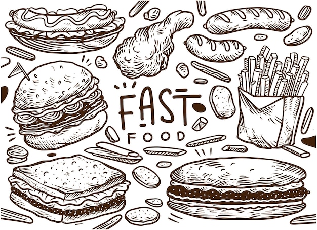 Vector fastfood handgetekende illustratie burger fried chicken burrito en pizzacollectie in schetsillustratie geïsoleerd op witte achtergrond