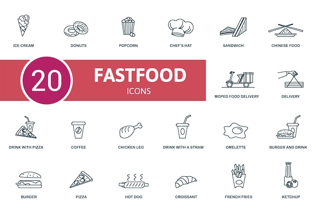 ファーストフードのアイコン セットのコレクションには、フライド ポテト コーヒーが含まれます