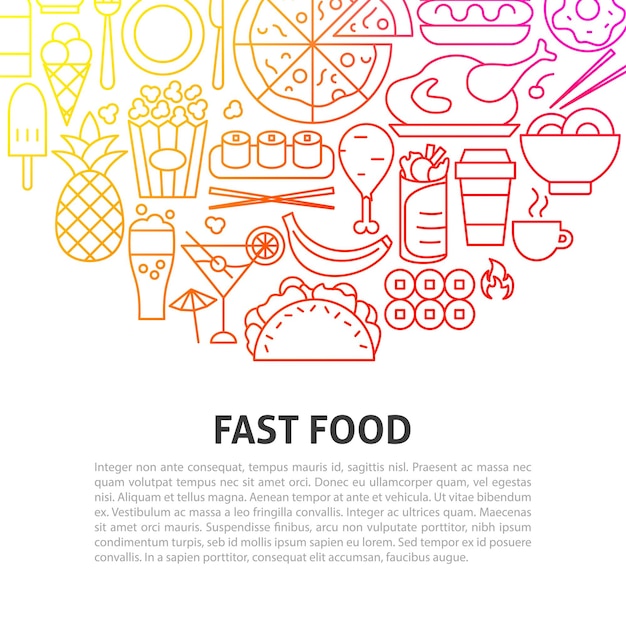 Fastfood lijnconcept. Vectorillustratie van overzichtssjabloon.