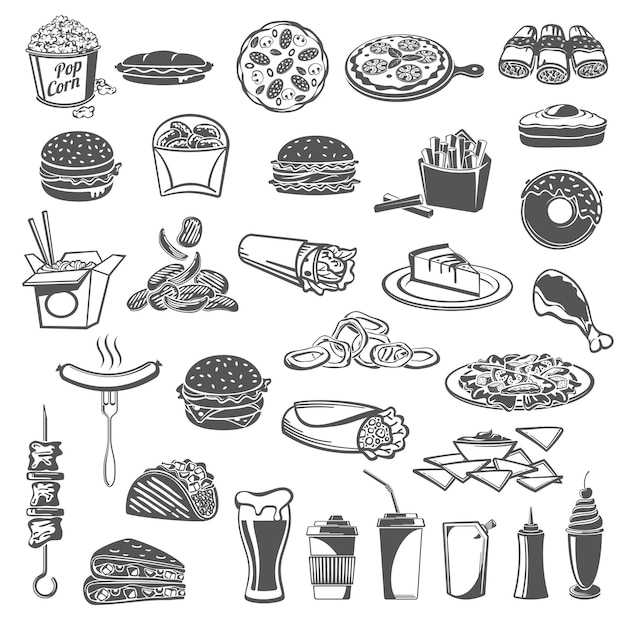 Fastfood maaltijd pictogrammen met snacks