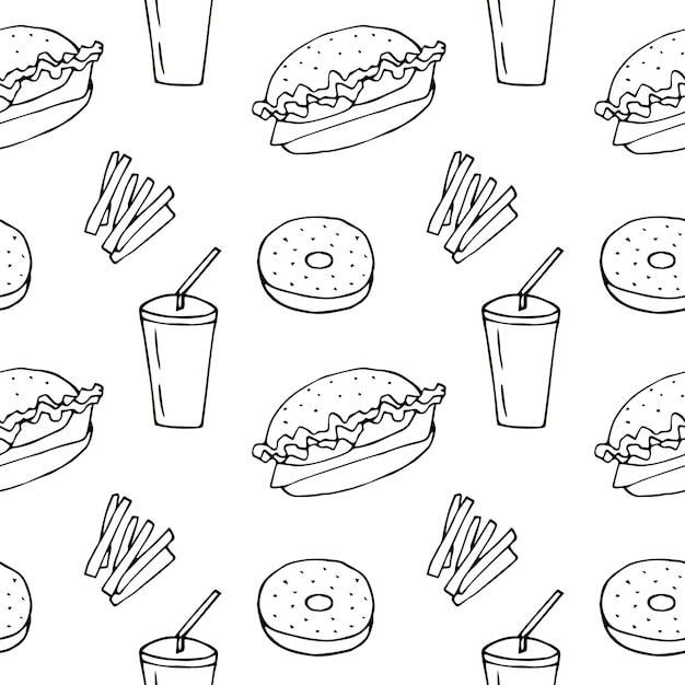 Fastfood naadloze patroon vector illustratie hand tekenen doodles