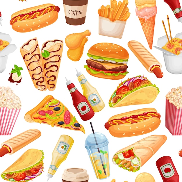 Fastfood naadloze patroon, vectorillustratie. achtergrond met pannenkoeken, hamburger, woknoedels, hotdog, shoarma, pizza en anderen voor afhaalcafé-ontwerp. illustratie van straatvoedsel.