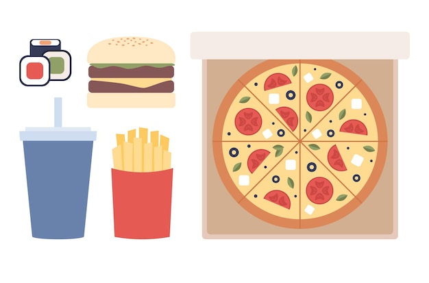 Fastfood pictogrammen. Set maaltijden pizza, hamburger, sushi, frietjes, drank. Platte vectorillustratie