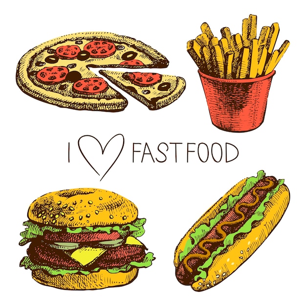 Fastfood-set. handgetekende illustraties