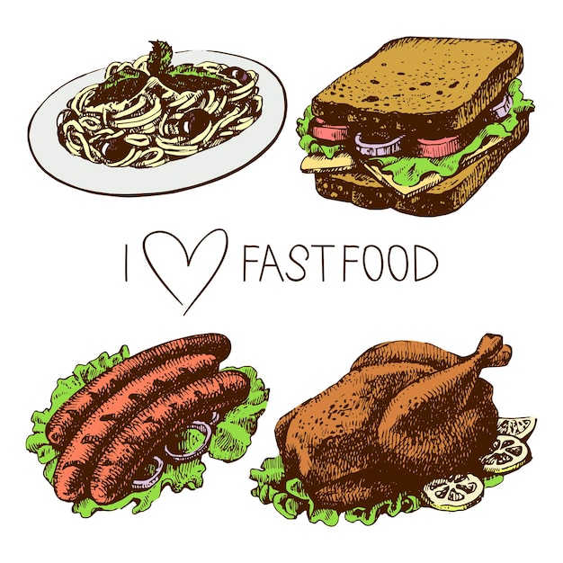 Fastfood-set. handgetekende illustraties