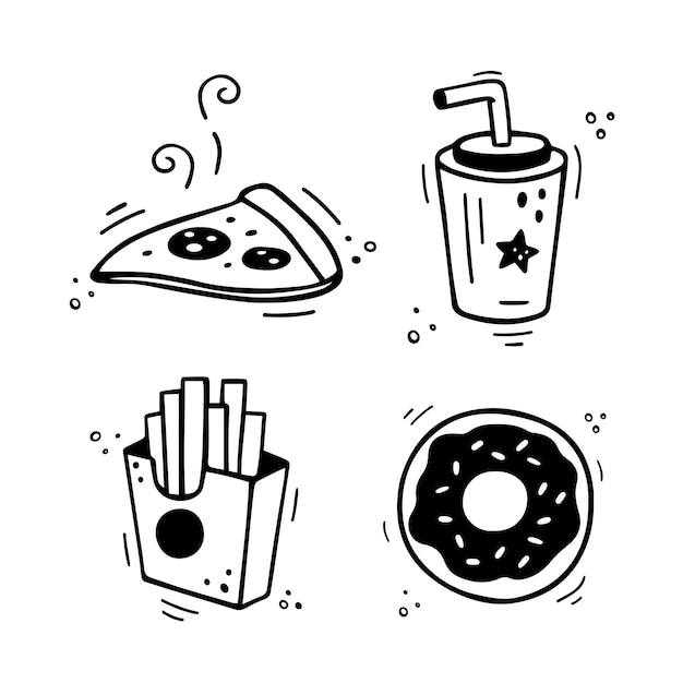 Fastfood set Pizza friet drinken donut Vector Fastfood combinatie maaltijd Comic doodle stijl