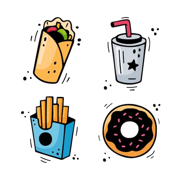 Fastfood set shawarma burrito friet drankje donut Comic doodle stijl vector illustratie