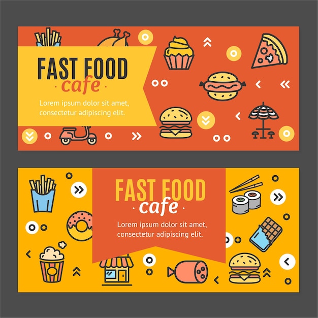 Fastfood e cibo di strada flyer banner poster card set vettore