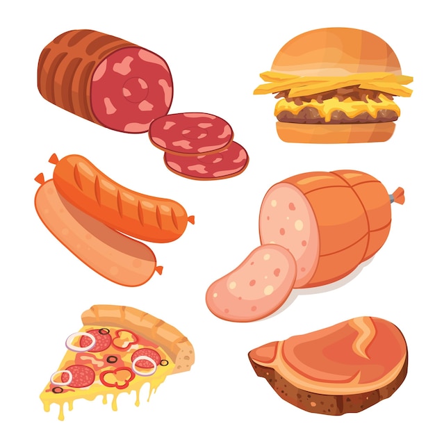 Vector fastfood vlees ingesteld voedsel pictogrammen.