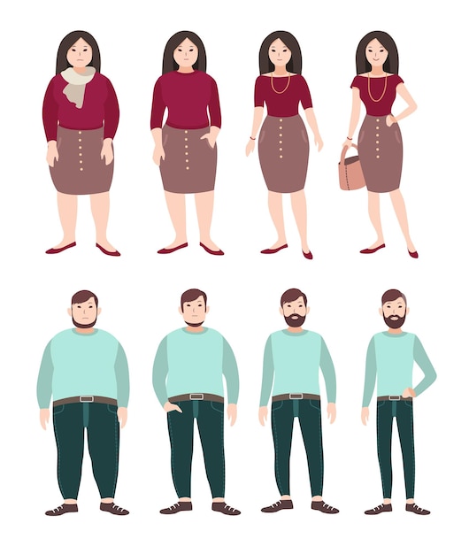 뚱뚱하고 날씬한 사람들. 체중 감량 개념입니다. 여자와 남자 그림입니다. 다채로운 평면 그림입니다.
